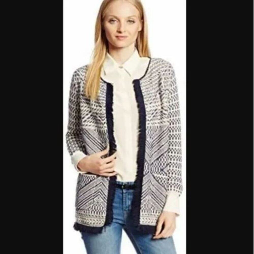 Lucky Brand Fringed Aztec Cardigan Sweater Embroidered Blue Southwestern Pockets